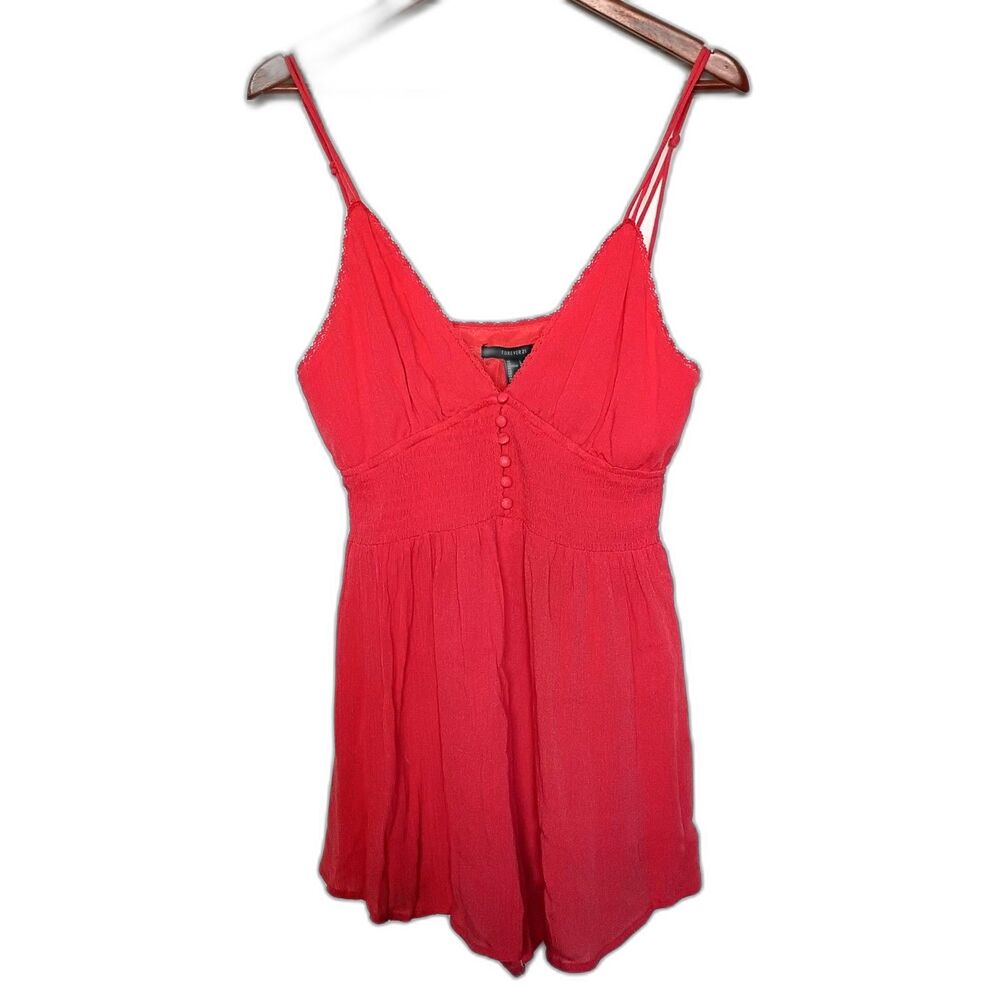 Forever 21 Stretch Crepe Babydoll Romper L Smocked Buttons Adjustable Straps Y2K